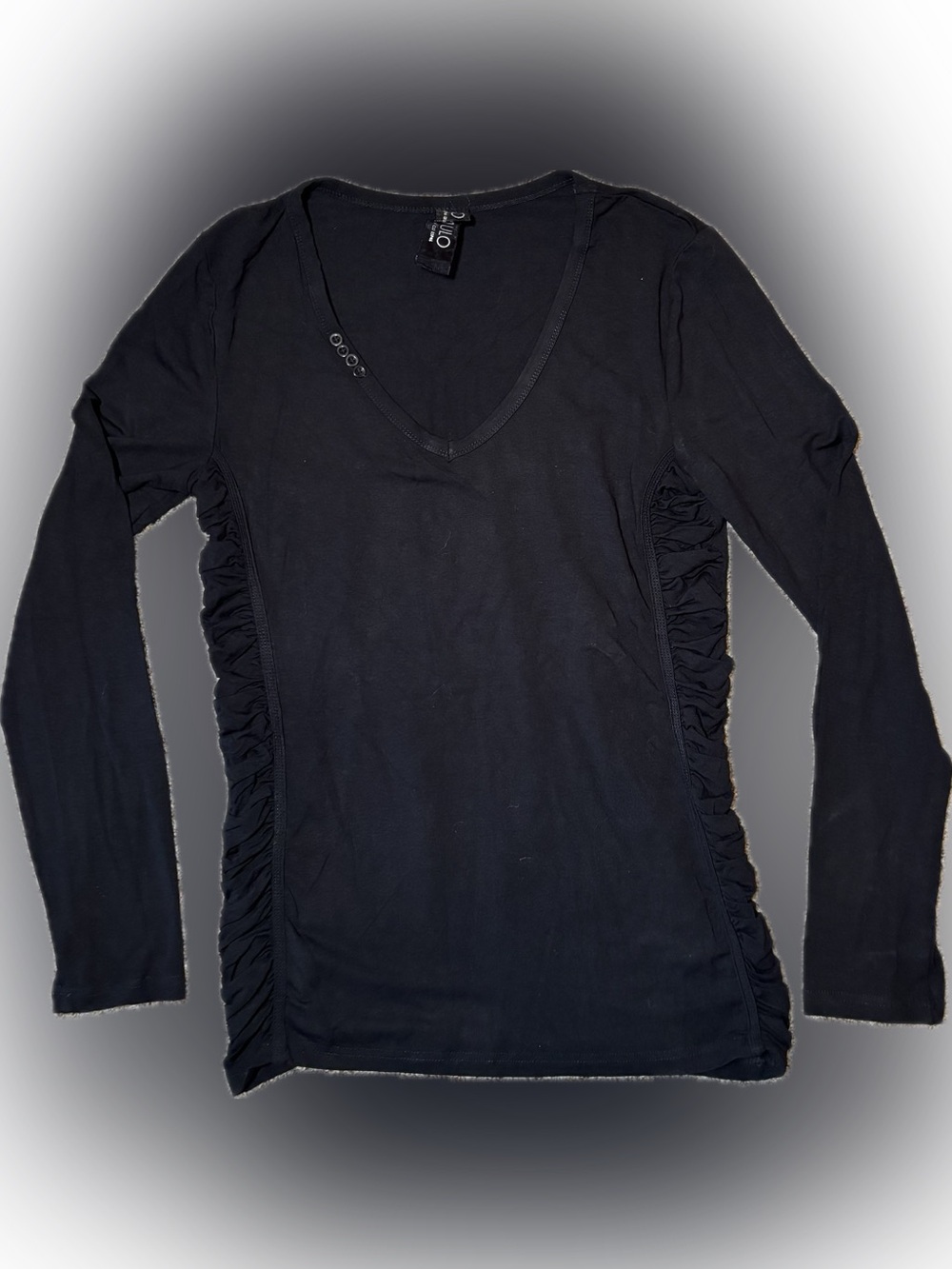 E167 São Paulo Black Long-Sleeve V-Neck Ruched Side Top, Size 10